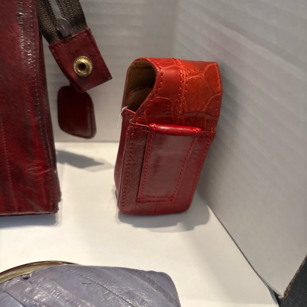 Elegant Red Gray Orange Eel Skin Cosmetic Bag Set Lot - Picture 10 of 10
